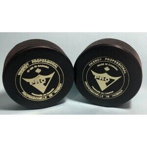 (2) Viceroy Professional Pro V Logo Hockey Pucks  MADE IN CANADA Preowned